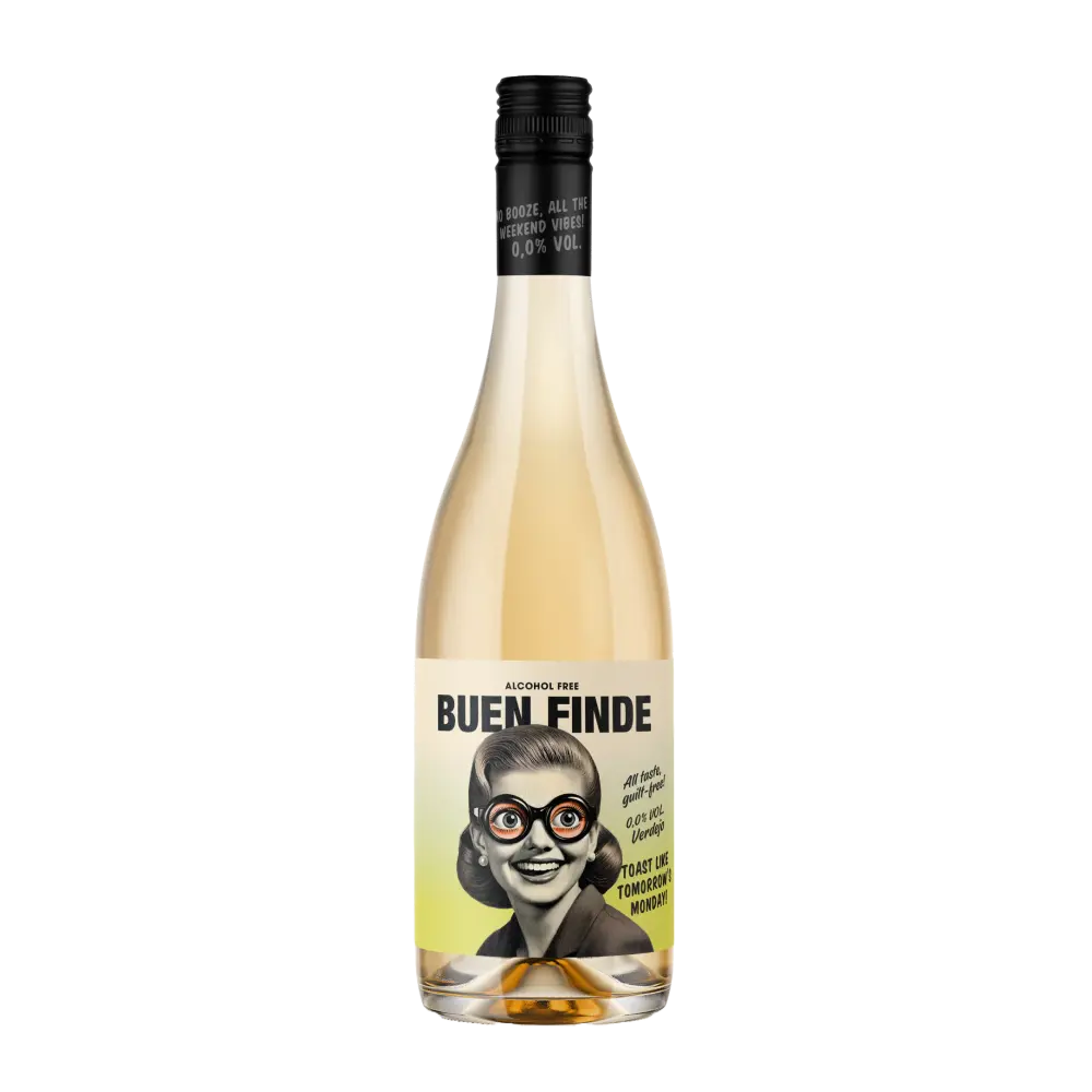Botella de vino blanco sin alcohol Buen Finde 