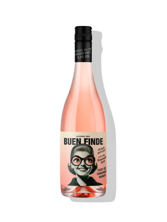 Botella de vino rosado sin alcohol Buen Finde 
