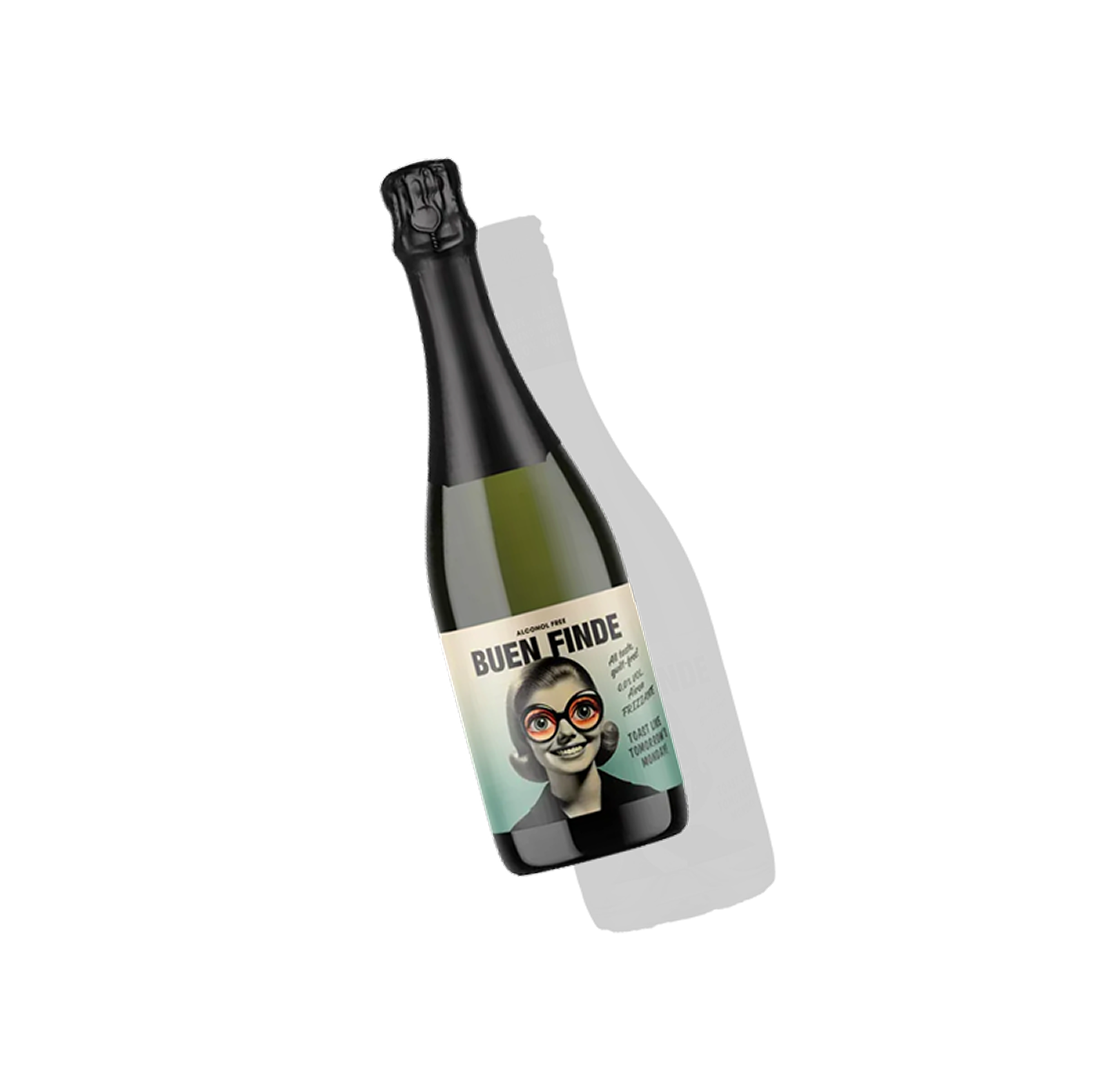 Botella de vino espumoso sin alcohol Buen Finde sobre fondo transparente 
