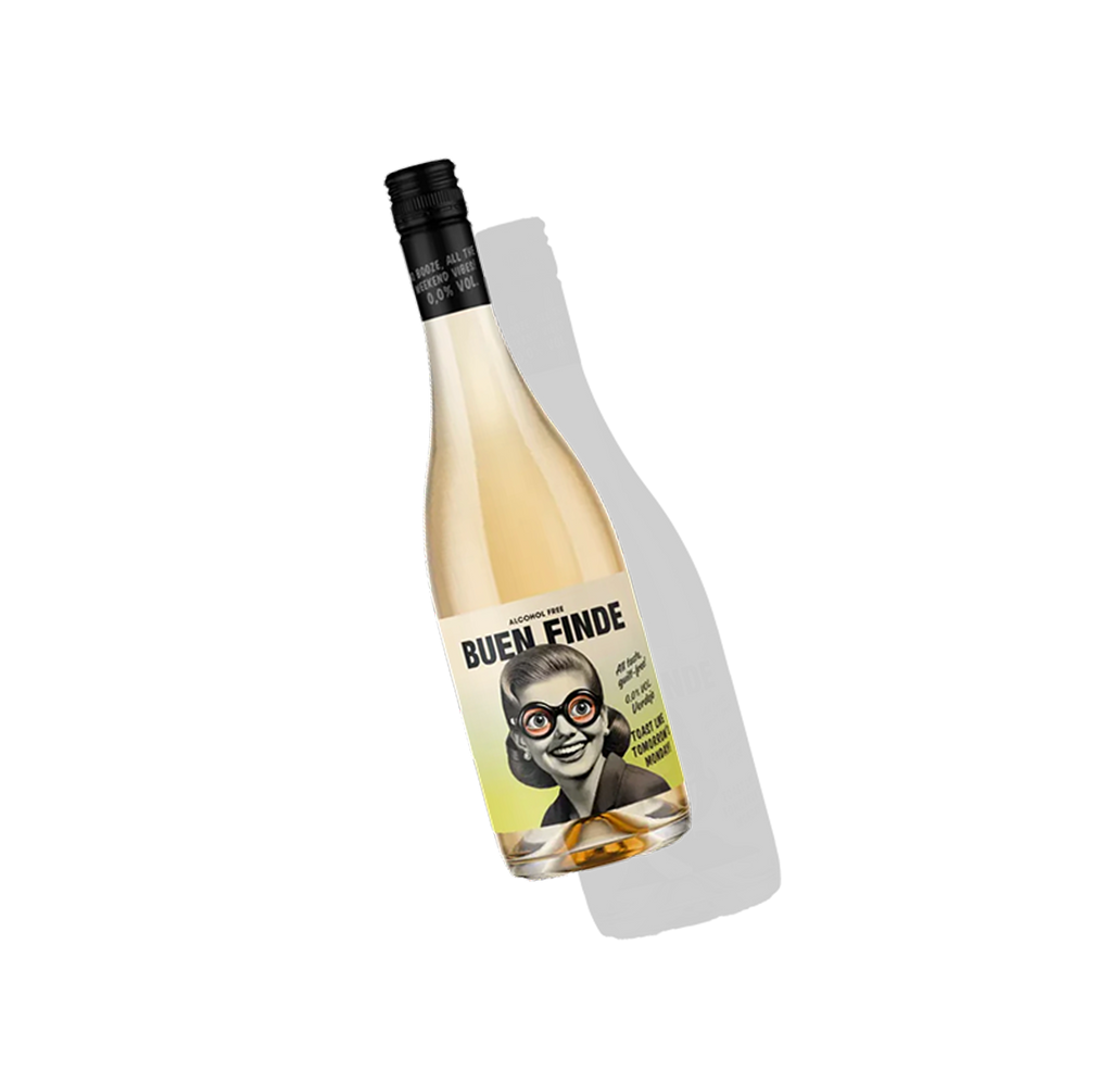Botella de vino espumoso sin alcohol Buen Finde sobre fondo transparente 