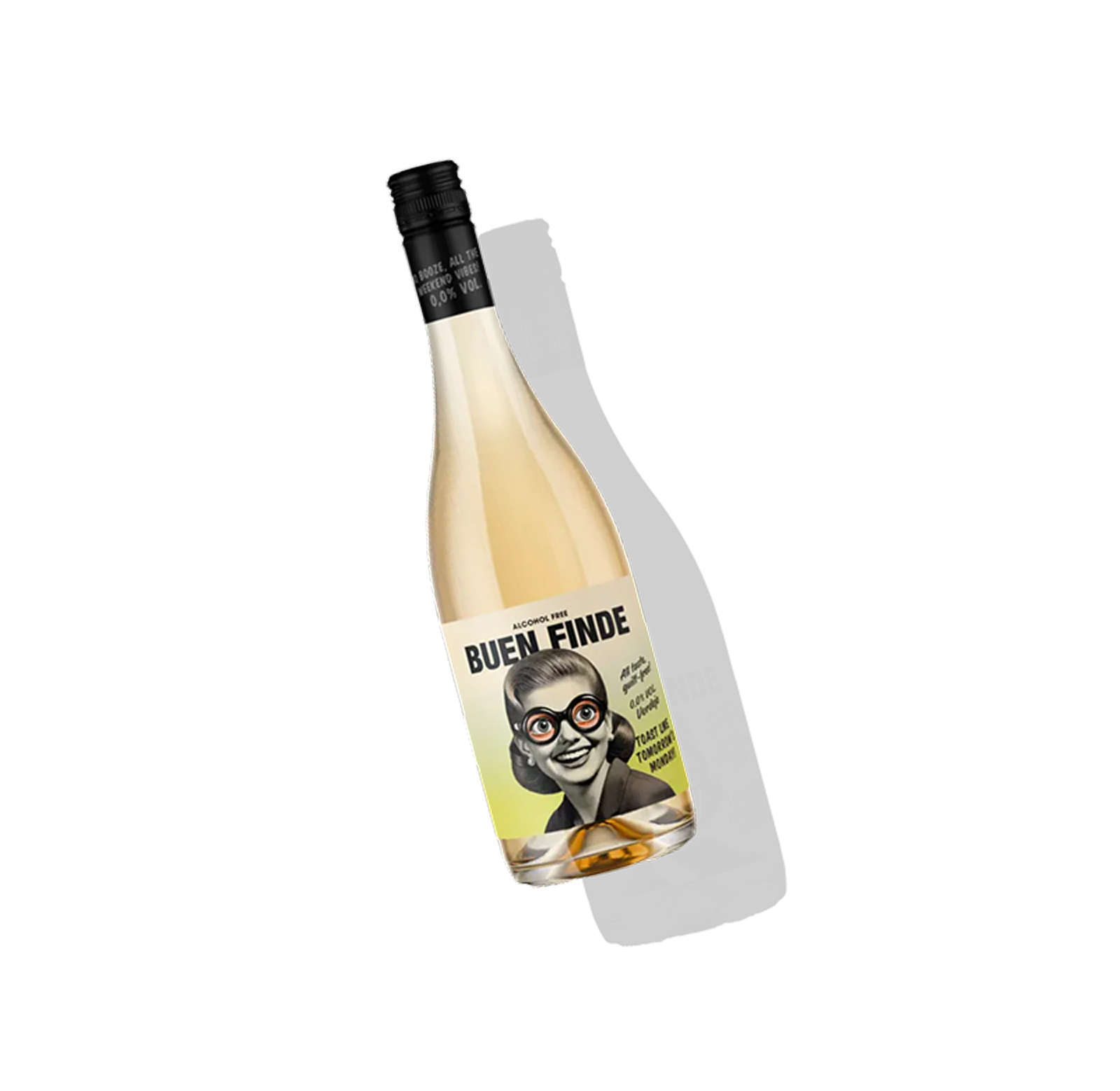 Botella de vino espumoso sin alcohol Buen Finde sobre fondo transparente 