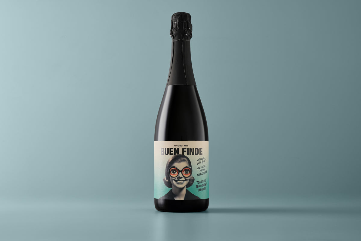 Buen Finde vino espumoso sin alcohol 0,0% - botella frizzante sobre fondo turquesa