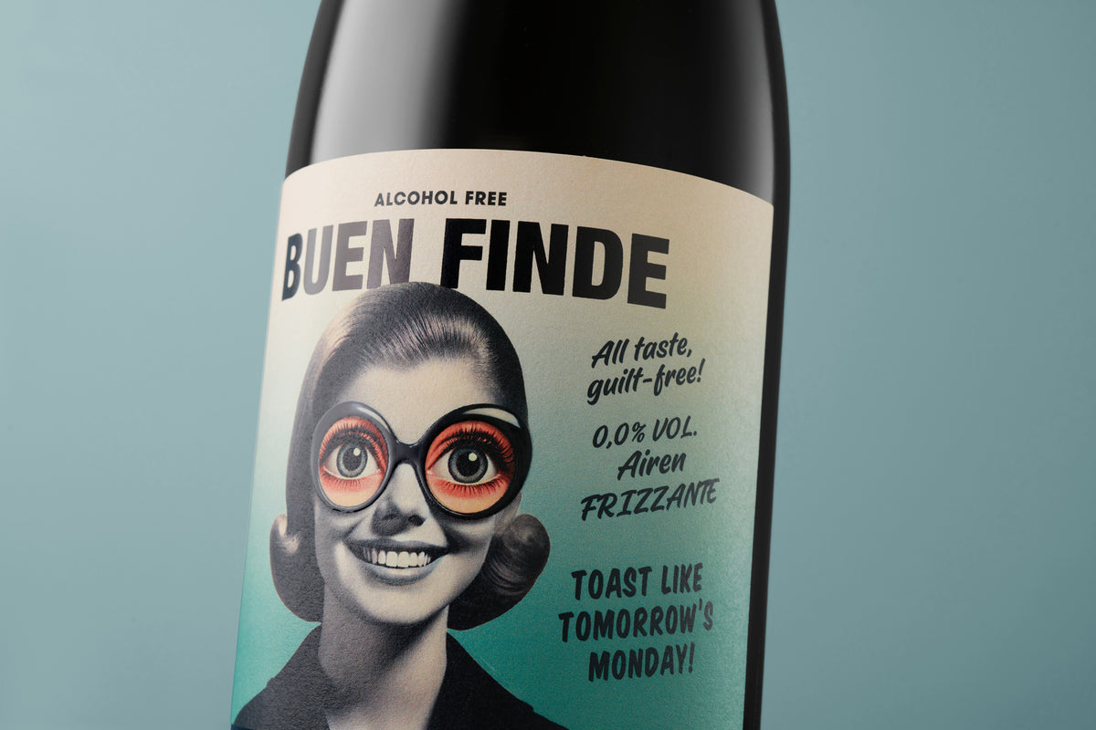 Buen Finde vino espumoso sin alcohol 0,0% - detalle de la etiqueta frizzante