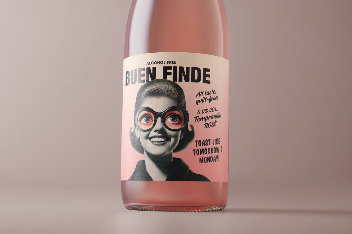 Buen Finde vino rosado sin alcohol 0,0% - primer plano de la etiqueta rosado