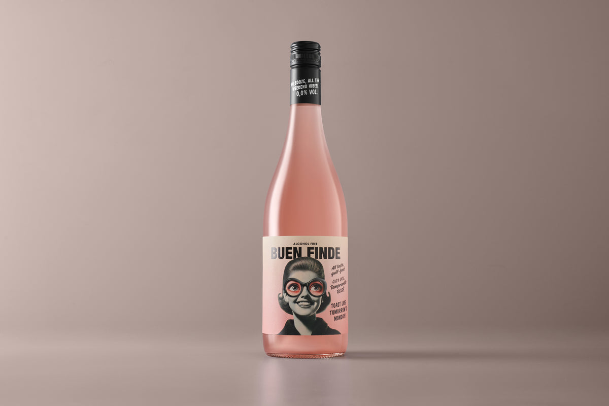 Buen Finde vino rosado sin alcohol 0,0% - botella rosado sobre fondo rosa