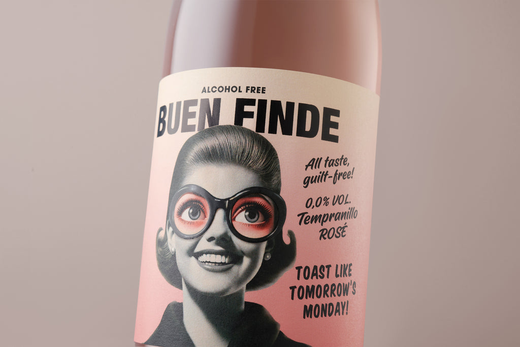 Buen Finde vino rosado sin alcohol 0,0% - detalle de la etiqueta rosado