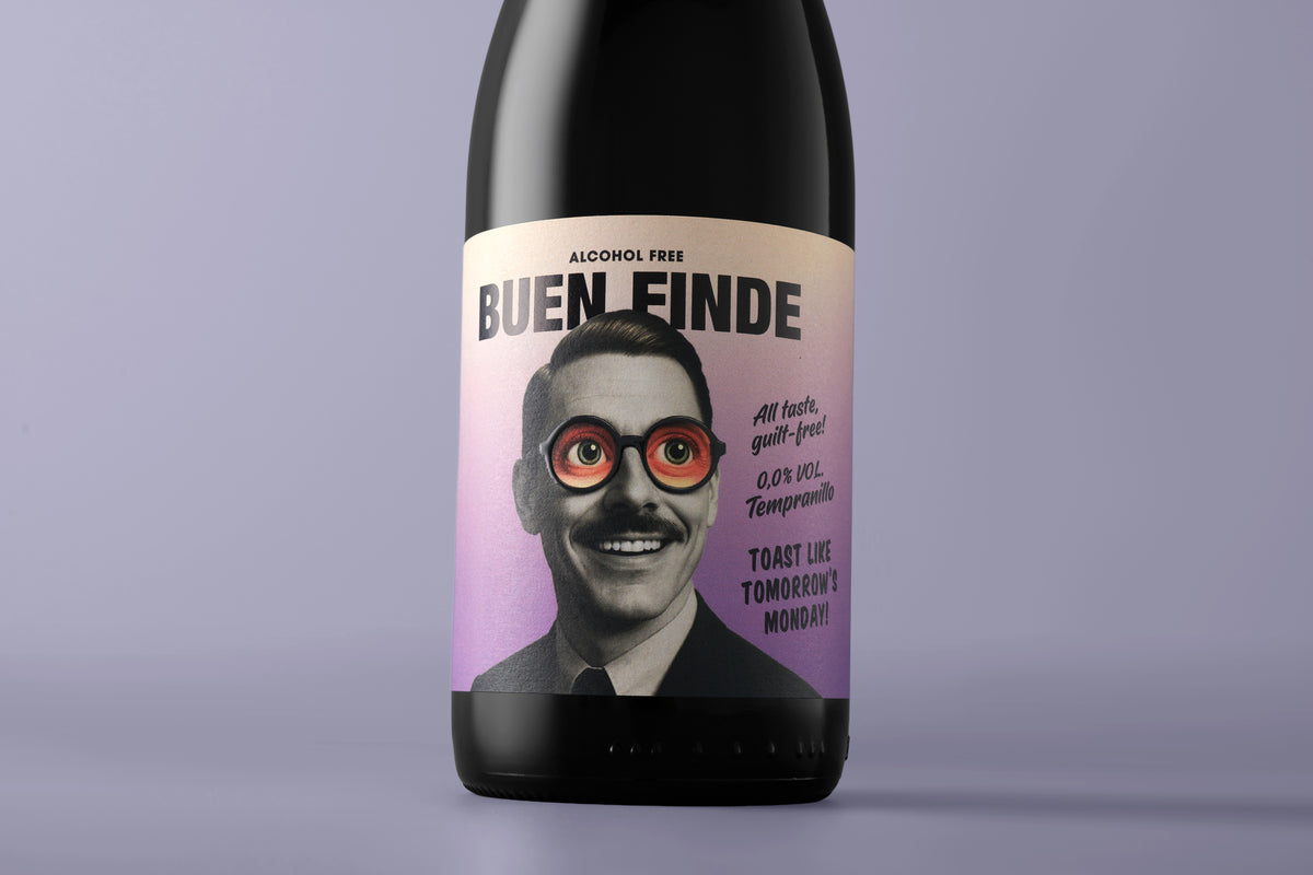 Buen Finde vino tinto sin alcohol 0,0% - primer plano de la etiqueta tempranillo