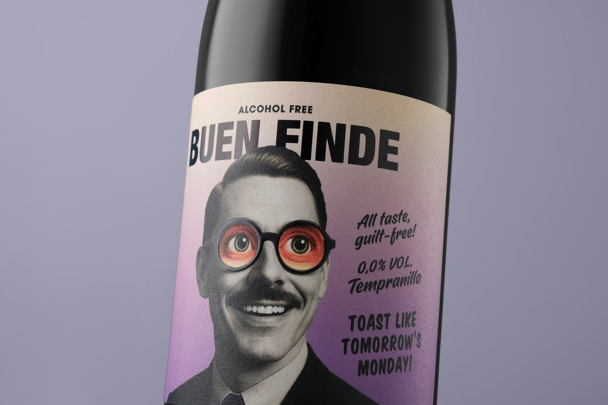 Buen Finde vino tinto sin alcohol 0,0% - detalle de la etiqueta tempranillo