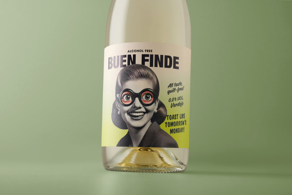 Buen Finde vino blanco sin alcohol 0,0% - primer plano de la etiqueta verdejo