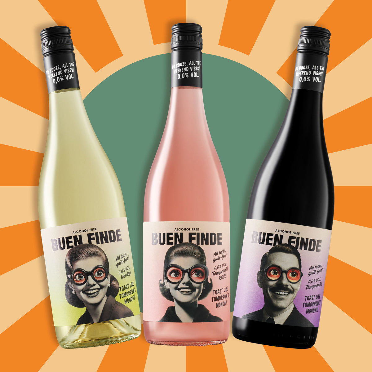 Blanco, rosado y tinto Buen Finde 0,0 % sobre fondo retro