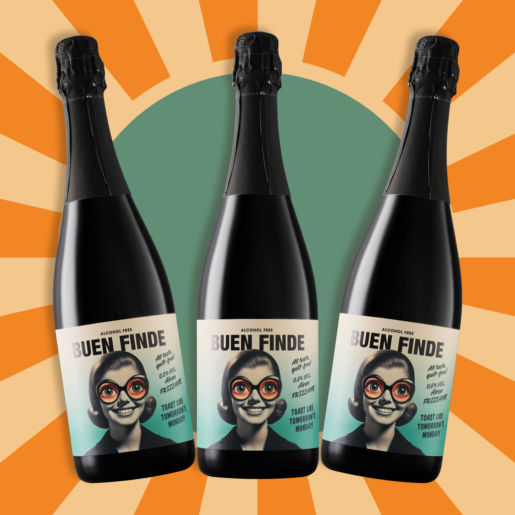 Tres Frizzante Buen Finde 0,0 % sobre fondo retro