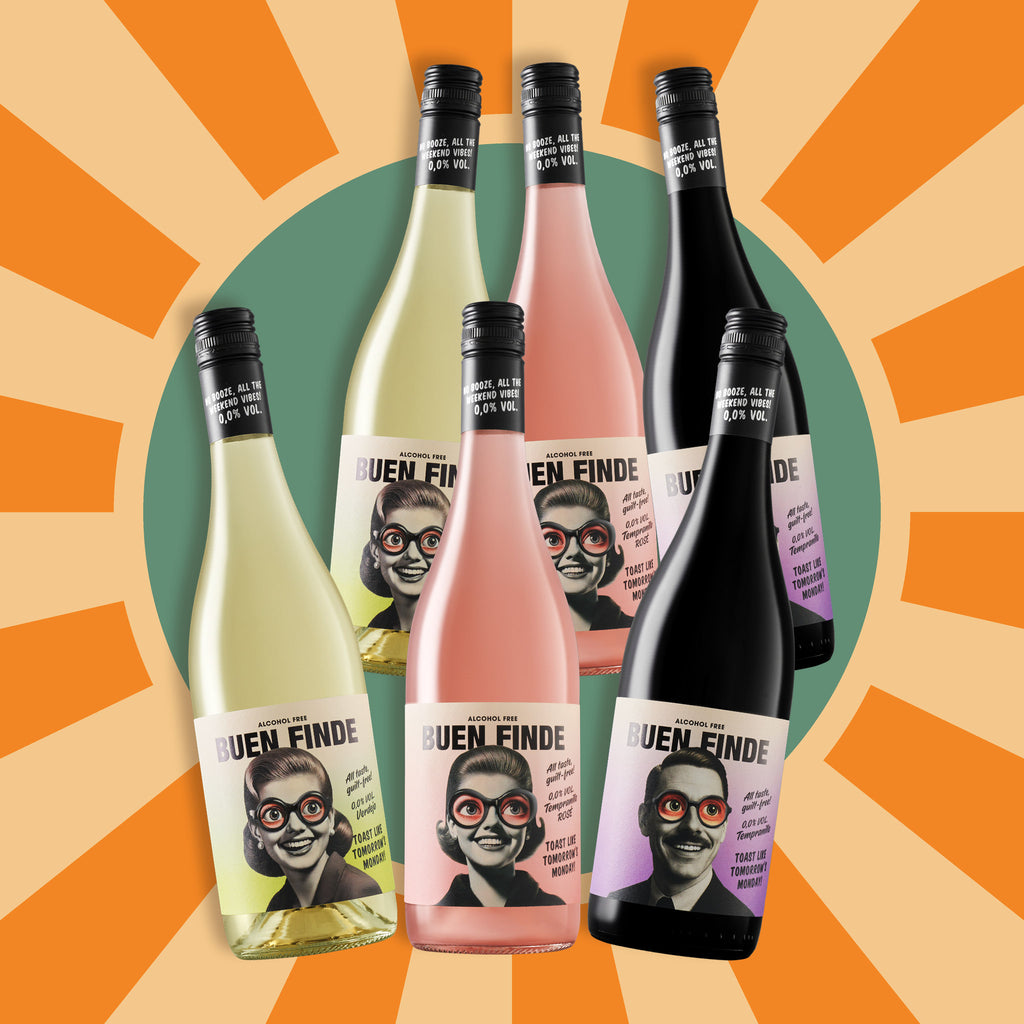 Pack 6 Buen Finde blanco, rosado y tinto sobre fondo retro