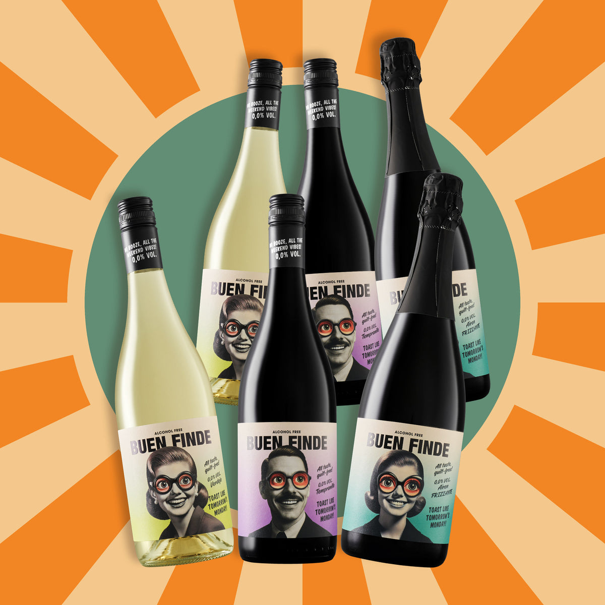 Pack 6 Buen Finde blanco, tinto y frizzante sobre fondo retro