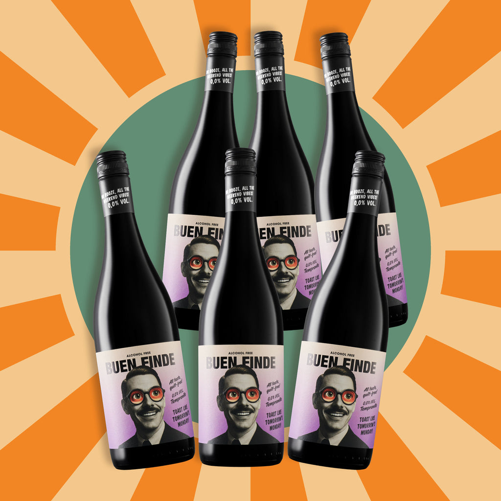Seis Tempranillo Buen Finde 0,0 % sobre fondo retro