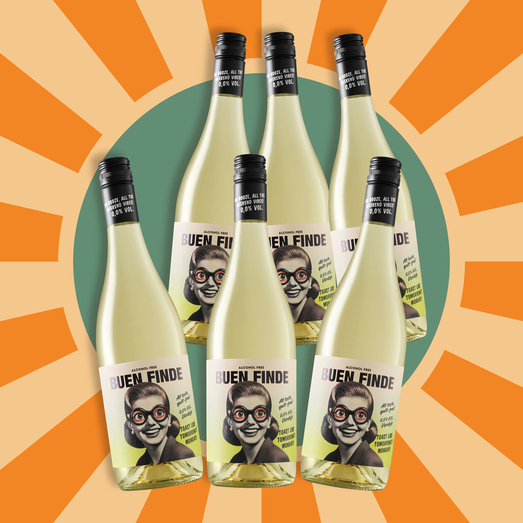 Seis Verdejo Buen Finde 0,0 % sobre fondo retro