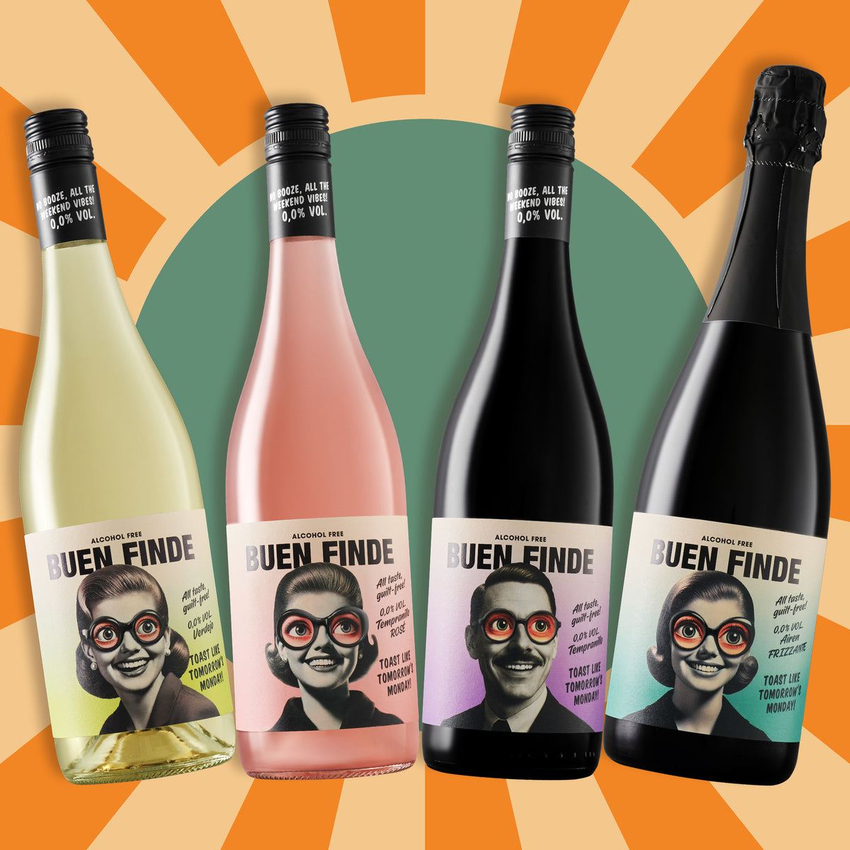 Los cuatro vinos Buen Finde 0,0 % sobre fondo retro